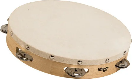 10" pre-tuned wooden tambourine with rivetted head and 1 row of jingles