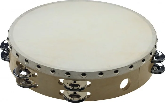 10" pre-tuned wooden tambourine with rivetted head and 2 rows of jingles