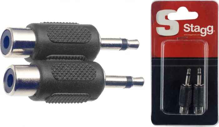 2 x male mini phone-plug/female RCA adaptor in blister packaging.