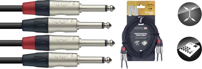 Twin cable, jack/jack (m/m), mono, 3 m (10')
