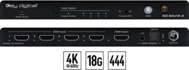 4x1 4K/18G HDMI Switcher with L/R & Optical Audio De-Embed Output 
