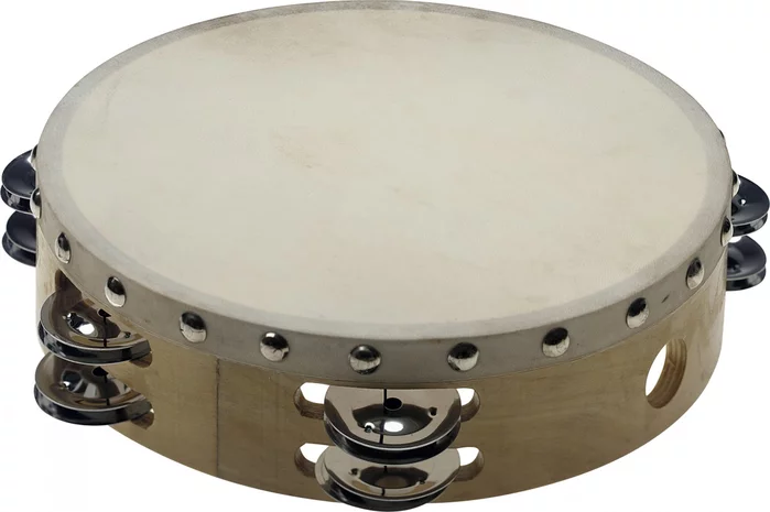 8" pre-tuned wooden tambourine with rivetted head and 2 rows of jingles