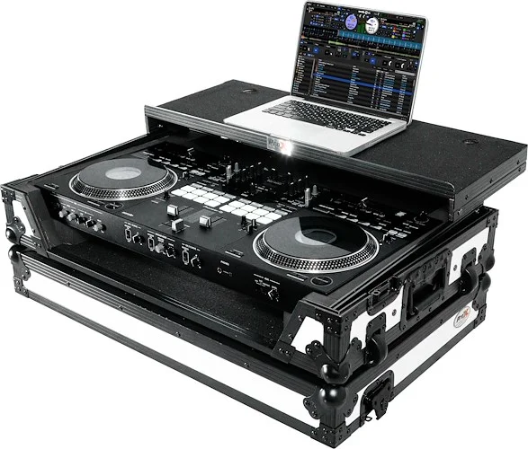 ATA Style Flight Case for Pioneer DDJ-REV7 DJ Controller with Laptop Shelf Wheels and 1U Rack Space White Black Finish