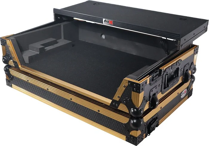 ATA Style Flight Case for Pioneer DDJ-REV7 DJ Controller with Laptop Shelf Wheels and 1U Rack Space Gold Black Finish