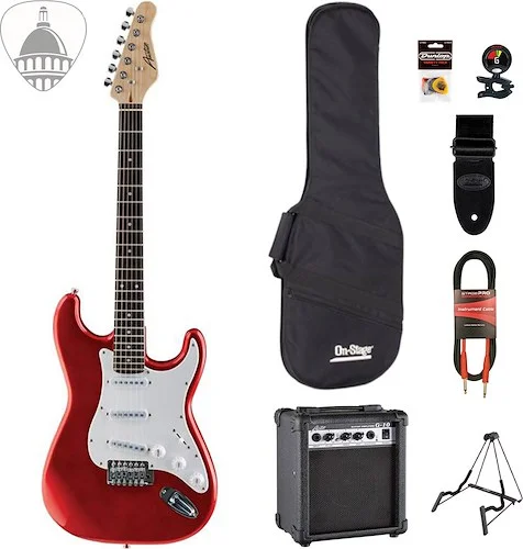Austin Classic Double Cutaway Electric Guitar Red Finish Bundle with 10 Watt Guitar Amp and accesories