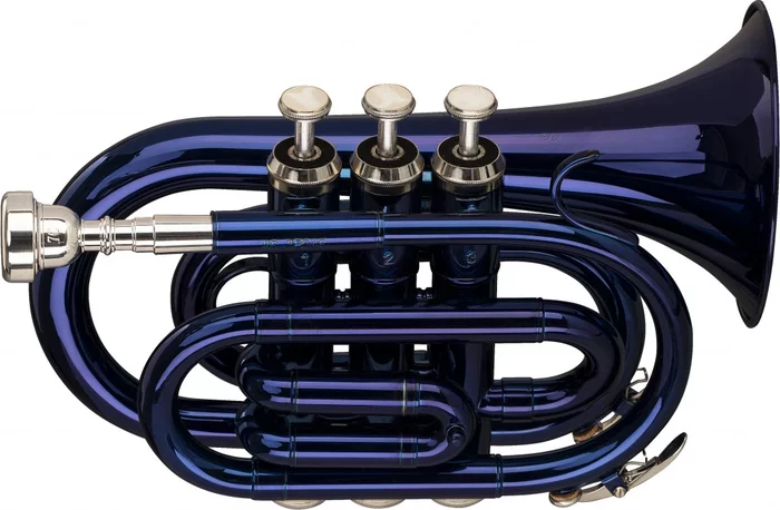 Bb pocket trumpet, ML-bore, brass body, blue