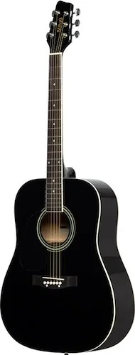 Black dreadnought acoustic guitar with basswood top, left-handed model
