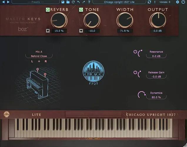 Boz Digital Chicago Upright 1927 Lite (Download) <br>Aged, gritty, 48" upright piano in a large living room.