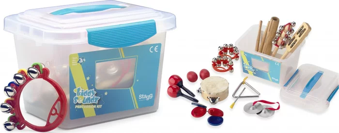 Children's percussion kit in transparent plastic box w/ sealable lid