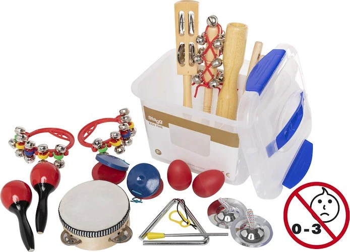 Children's percussion kit in transparent plastic box with sealable lid