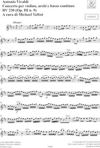 Concerto D Major, RV 230, Op. III, No. 9 - Strings Continuo Rv230 (op. 3, No. 9) Parts