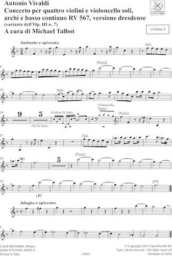 Concerto F Major, RV 567, Op. III, No. 7/Variant of Op. 3, No. 7 - Strings Continuo Rv567 (op. 3, No. 7) Parts