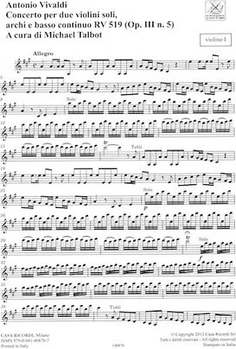 Concerto in A Major for 2 Violins, Strings and Basso Continuo - RV519 (Op. 3, No. 5)