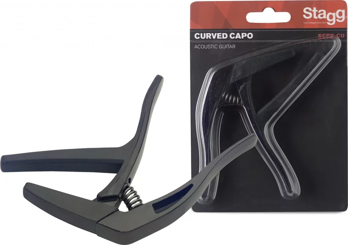 Curved "trigger" capo for acoustic/electric guitar