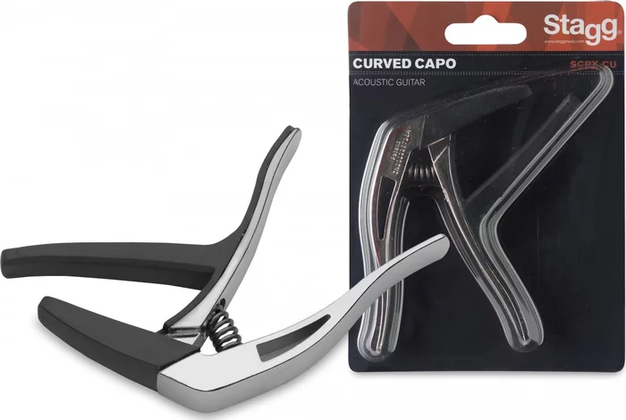 Curved "trigger" capo for acoustic/electric guitar