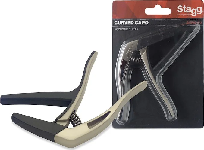Curved "trigger" capo for acoustic/electric guitar