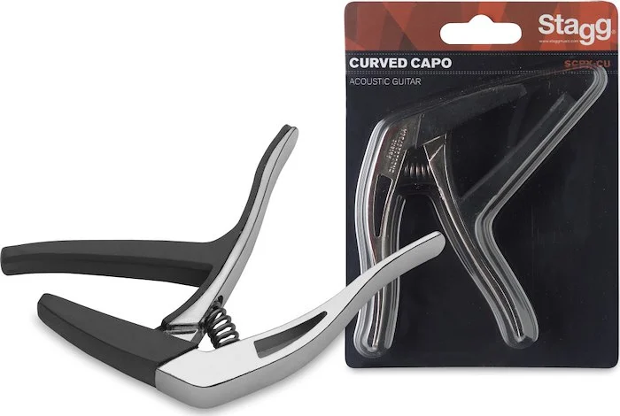 Curved "trigger" capo for acoustic/electric guitar