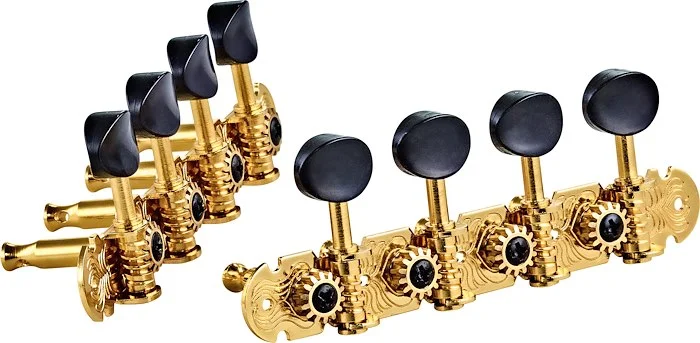 Deluxe A-Style Mandolin Tuning Machines 4L x 4R Gold w/ Black Buttons