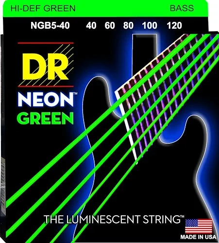 DR Strings NGB5-40 Hi-Def Neon Colored Bass Strings (5 String). Green 40-120