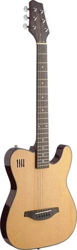 Electric solid body folk guitar with cutaway, natural-coloured