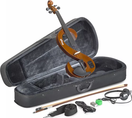 4/4 electric violin set with S-shaped violinburst-coloured electric violin, soft case and headphones