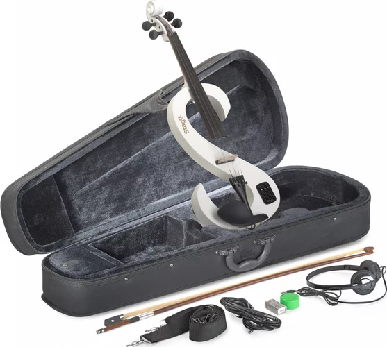 4/4 electric violin set with S-shaped white electric violin, soft case and headphones