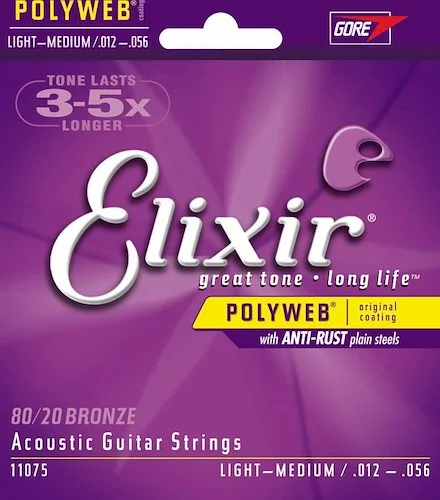 Elixir 11075 80/20 Bronze Acoustic Guitar Strings with POLYWEB. Light Medium 12-56