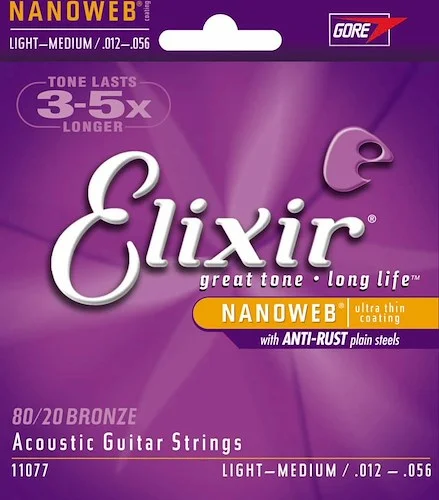 Elixir 11077 80/20 Bronze Acoustic Guitar Strings with NANOWEB. Light Medium 12-56