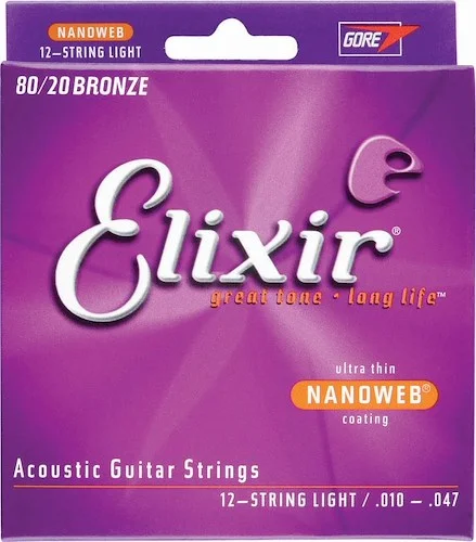 Elixir 11152 80/20 Bronze (12 String) Acoustic Guitar Strings with NANOWEB. Light 10-47 & 10-27