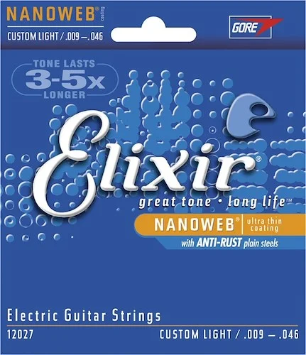 Elixir 12027 Nickel Plated Steel Electric Guitar Strings with NANOWEB. Custom Light 9-46