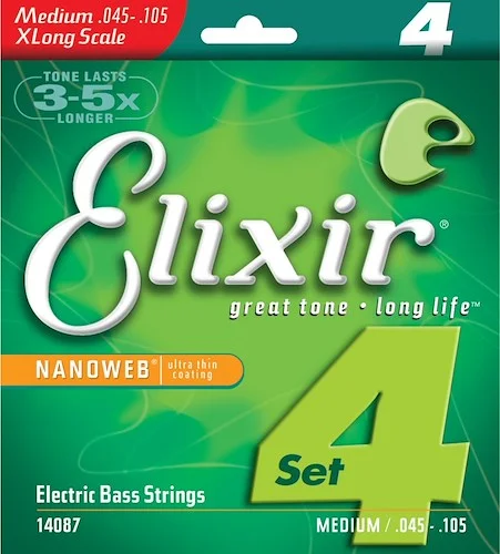 Elixir 14087 Nickel Plated Steel Bass Strings with NANOWEB. Extra Long Scale Medium 45-105