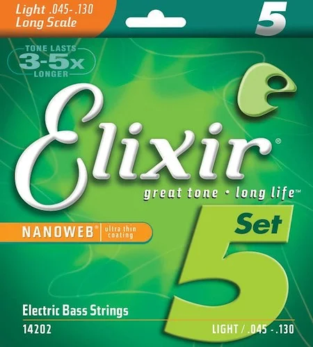 Elixir 14202 Nickel Plated Steel (5 String) Bass Strings with NANOWEB. Long Scale Light 45-130