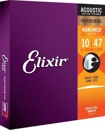 Elixir 16102 Phosphor Bronze (12 String) Acoustic Guitar Strings with NANOWEB. Light 10-47 & 10-27