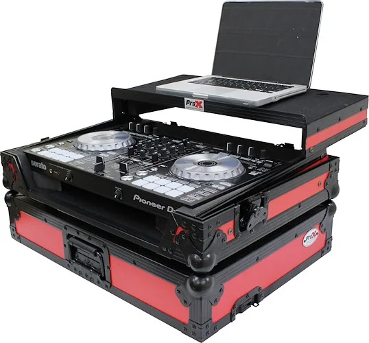 Flight Case for Pioneer DDJ-SR2 Digital Controller W-Laptop Shelf and Bonus LED Kit | Black on Red