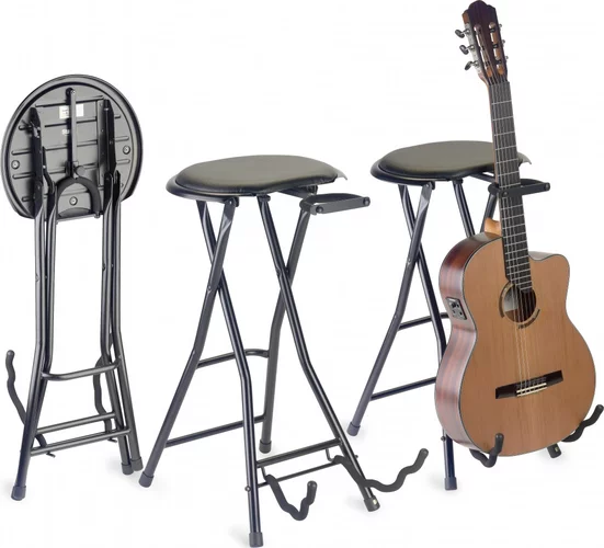Foldable stool with rectangular seat and built-in guitar stand