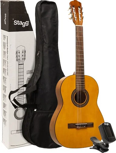 Guitar pack with 3/4 natural-coloured classical guitar with linden top, tuner, bag and colour box