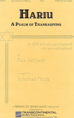 Hariu - A Psalm of Thanksgiving - for SATB and Solo Unaccompanied with Optional Keyboard
