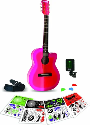 Hohner Rockwood 3/4 Acoustic Guitar Package w/ Tuner, Strap, Picks & Stickers - Pink