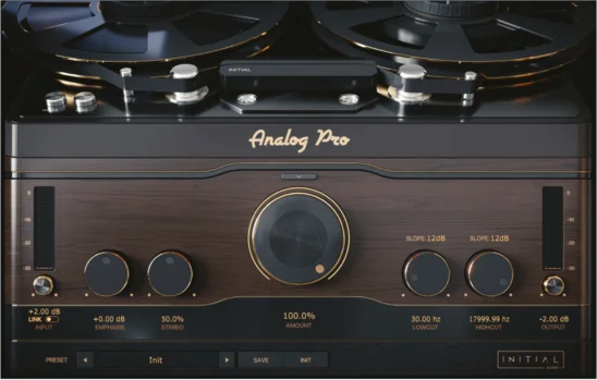 Initial Audio Analog Pro (Download)<br>Brings life to your digital audio by simulating the way Analog hardware such as tape machines, valves and vinyl turntables warm up and saturate your audio