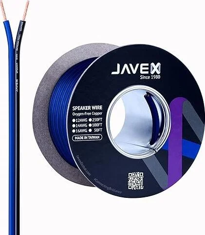 JAVEX Speaker Wire 12-Gauge AWG [Oxygen-Free Copper 99.9%] HighFlex Stranded Copper, Flat Cable Blue/Black, 100FT