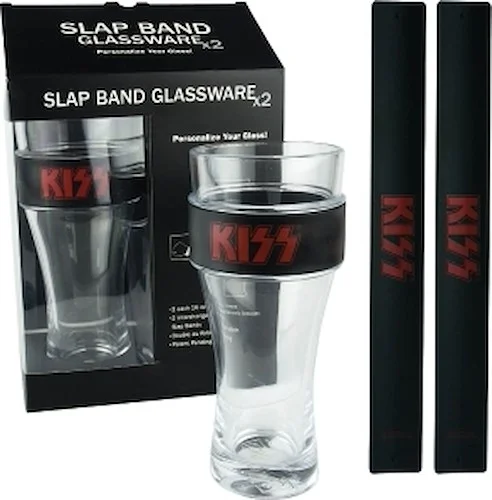 Kiss - Glassware/Slap Bands 2-Pack - 2 Pint Size Glasses with 2 Slap Bands (Black Band/Red Font)