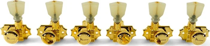 Kluson 3 Per Side Locking Revolution Series G-Mount Tuning Machines Gold With Plastic Keystone Butto
