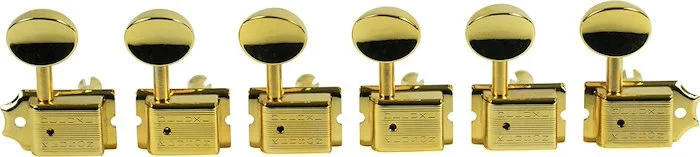Kluson 6 In Line Deluxe Series Tuning Machines - Double Line - Gold With Oval Metal Buttons