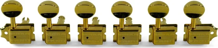 Kluson 6 In Line Supreme Series Tuning Machines With Staggered Posts Gold With Metal Oval Button