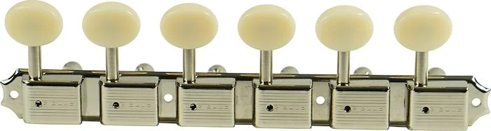Kluson 6 On A Plate Deluxe Series Tuning Machines - Single Line - Nickel With Oval Plastic Buttons