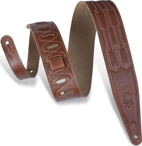 Levy's 2 1/2″ wide british tan padded garment leather guitar strap with rugged modern stitch design and suede backing.