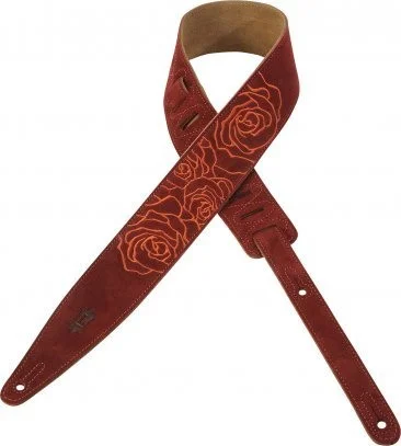 Levy's 2 1/2″ wide burgundy suede leather guitar strap with flower embroidery art, contrasting border stitch.