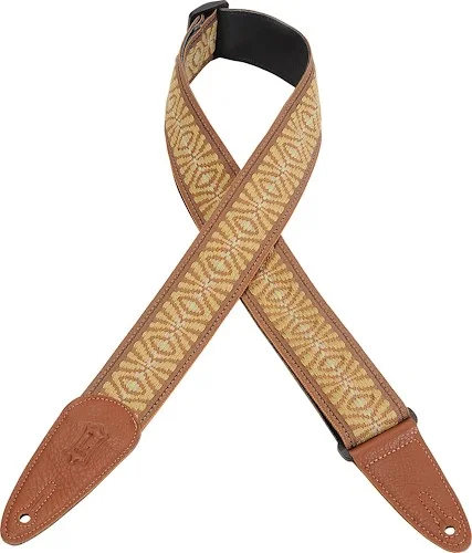 Levy's 2″ wide jacquard guitar strap with garment leather backing, tri-glide adjustment and garment leather ends.