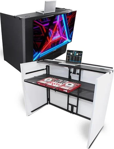 MESA MEDIA MK2 DJ Facade Table Workstation Includes TV Bracket Mount White & Black Scrims and Carry Bag