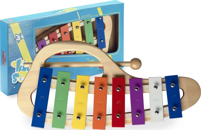 Curved metallophone with 8 colour-coded keys